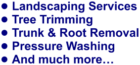 •	Landscaping Services •	Tree Trimming •	Trunk & Root Removal •	Pressure Washing •	And much more…